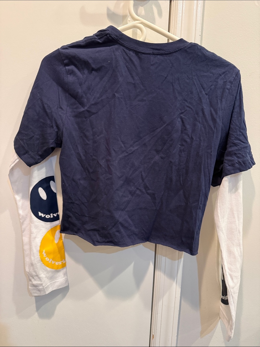 Univ. of Mich. cropped Navy Tee layered over white waffle graphic long sleeve. - Picture 2 of 4